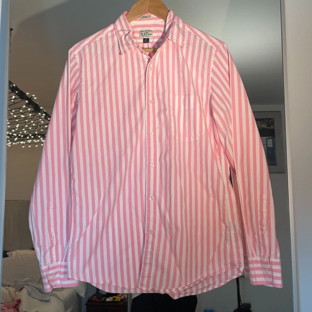 J.Crew Men’s Classic Fit Secret Wash Button Up Shirt Pink Stripe Slim M Stretch - Picture 2 of 9